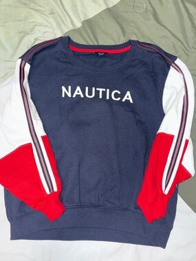 Nautica Navy Sweatshirt with White Logo and Red Neck Trim